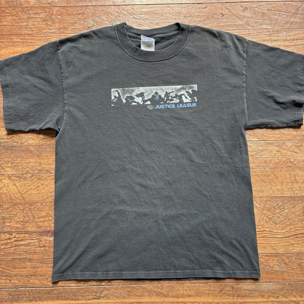 Vintage Justice League Cartoon Network Box Logo Shirt Faded Black 2000s Sz XL
